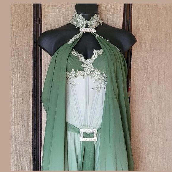 Fantasy Elves Victorian Prom Dress Wrap Cape Green Long Gown Lace Sequin Corset - Picture 5 of 15
